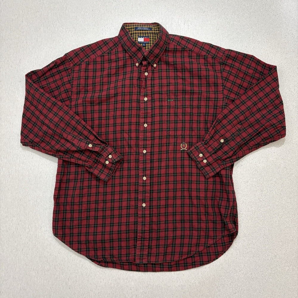 Tommy Hilfiger Mens Button Up Shirt Crest Logo Red Plaid Vintage Size XL Y2K